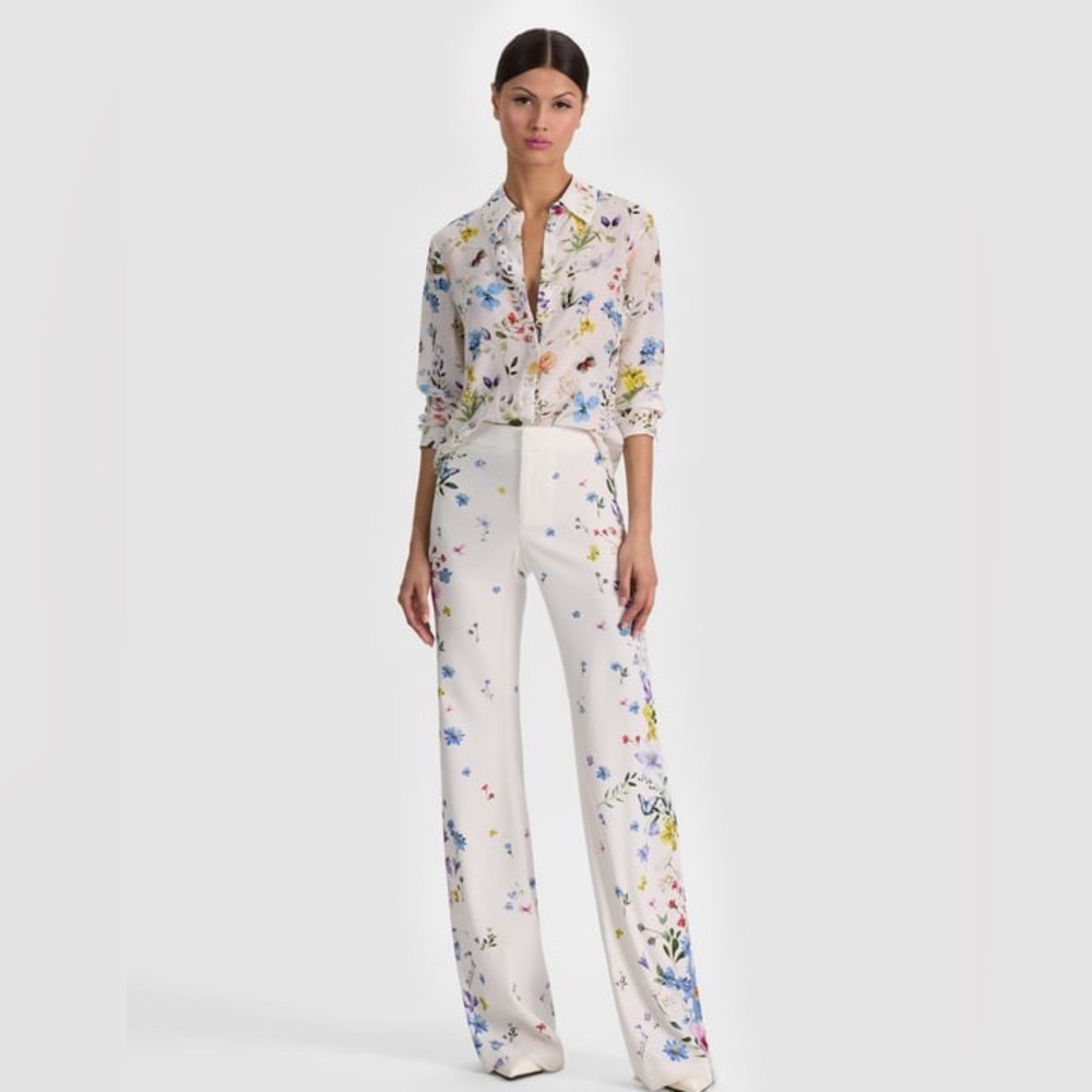 Alice + Olivia Willa Silk Blouse in Twisting Vines off White